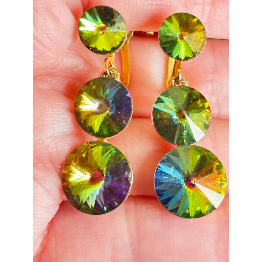 Vintage WEISS Rivoli Rhinestone Dangle Screw Back Earrings Vitrail Rainbow